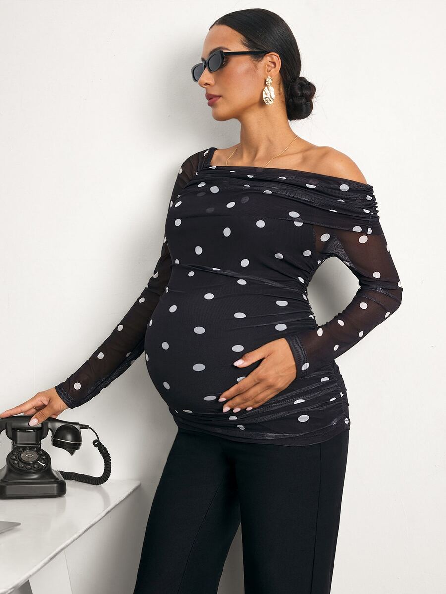 MaterniWear Kaos Hamil Lengan Panjang Kasual Motif Polkadot untuk Sehari-hari - Hitam dan Putih - View 1