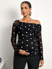 MaterniWear Kaos Hamil Lengan Panjang Kasual Motif Polkadot untuk Sehari-hari - Hitam dan Putih - View 8