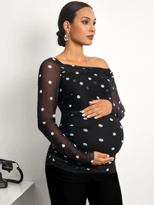 MaterniWear Kaos Hamil Lengan Panjang Kasual Motif Polkadot untuk Sehari-hari - Hitam dan Putih - View 5