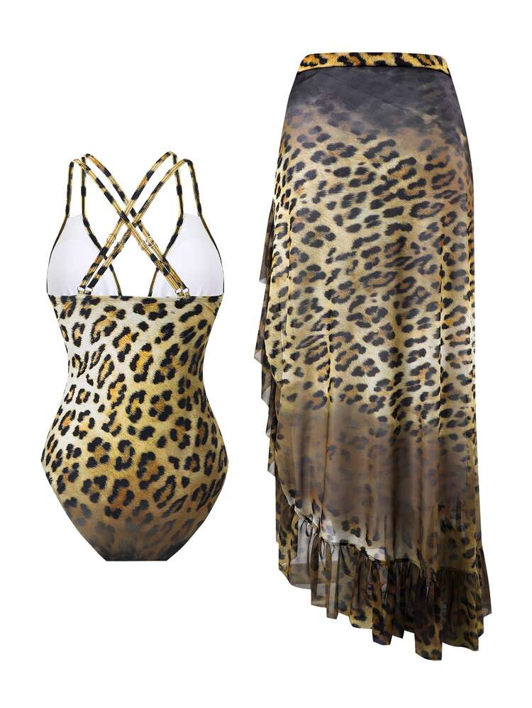 Swim Oasis Plus Size One-Piece Swimsuit High-End Set, Leopard Print Mesh Skirt, Sexy European And American Style Swimsuit - Multicolor - View 2