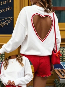 RIVANDRE Women's Casual Hollow Heart Strap Backless Solid Color Round Neck Long Sleeve Sweatshirt, Spring/Autumn Thermal Lined Valentine's Day Top - White - View 1
