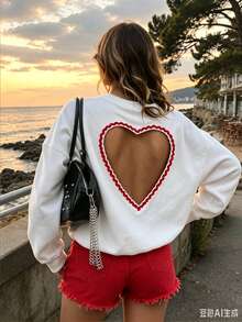 RIVANDRE Women's Casual Hollow Heart Strap Backless Solid Color Round Neck Long Sleeve Sweatshirt, Spring/Autumn Thermal Lined Valentine's Day Top - White - View 4