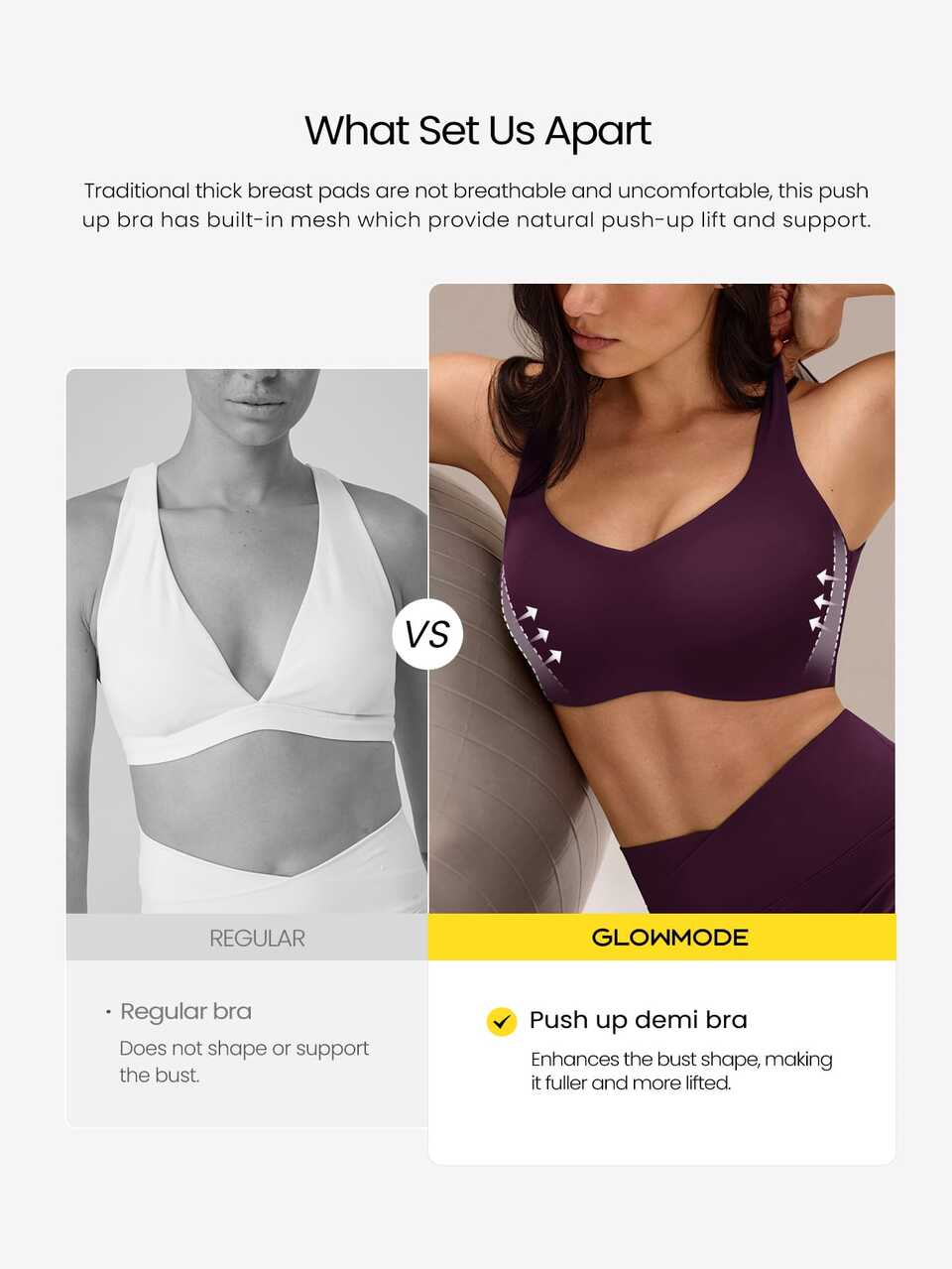 FeatherFit™-Sculpt Push-Up Compressive Built-In Mesh Straps Removable Cups V-Back Demi Sports Bra Running Workout Gym