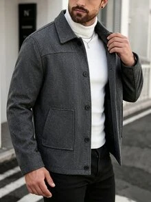 Manfinity Homme Men's Mature Casual Solid Dark Gray Overcoat - Dark Grey - View 5