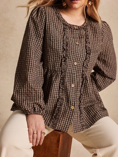 Écloséra Curve Large-Size Women's Doll Shirt, Retro Elegant Mushroom Single Button Check Long-Sleeve Shirt, Suitable For Commuting, Casual Black And Gold Autumn Wear