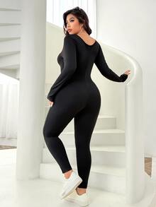 SHEIN EZwear 大尺碼保暖針織連身衣 秋冬長袖修身黑色緊身連身衣 正式休閒度假穿搭連身裙 - 黑色 - 查看 3