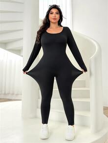 SHEIN EZwear 大尺碼保暖針織連身衣 秋冬長袖修身黑色緊身連身衣 正式休閒度假穿搭連身裙 - 黑色 - 查看 8