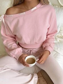 CovetEZ Sweatshirt Wanita Manis dengan Bahu Asimetris dan Pinggang yang Dikencangkan - Berwarna merah muda - View 4