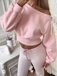CovetEZ Sweatshirt Wanita Manis dengan Bahu Asimetris dan Pinggang yang Dikencangkan - Berwarna merah muda - View 1
