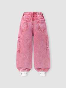 SHEIN 返校季女童粉色刺繡牛仔寬腿工裝褲 可愛牛仔女孩風 寬鬆直筒鬆垮牛仔褲 鬆緊腰 口袋 藍色 夏季 - 粉色 - 查看 2