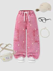 SHEIN 返校季女童粉色刺繡牛仔寬腿工裝褲 可愛牛仔女孩風 寬鬆直筒鬆垮牛仔褲 鬆緊腰 口袋 藍色 夏季 - 粉色 - 查看 3