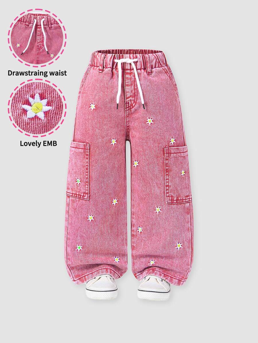 SHEIN 返校季女童粉色刺繡牛仔寬腿工裝褲 可愛牛仔女孩風 寬鬆直筒鬆垮牛仔褲 鬆緊腰 口袋 藍色 夏季 - 粉色 - 查看 1
