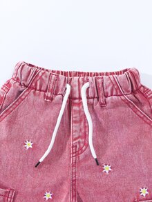 SHEIN 返校季女童粉色刺繡牛仔寬腿工裝褲 可愛牛仔女孩風 寬鬆直筒鬆垮牛仔褲 鬆緊腰 口袋 藍色 夏季 - 粉色 - 查看 4