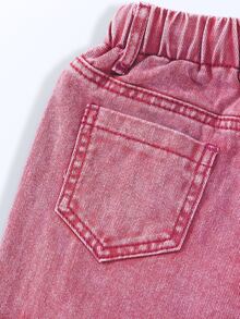 SHEIN 返校季女童粉色刺繡牛仔寬腿工裝褲 可愛牛仔女孩風 寬鬆直筒鬆垮牛仔褲 鬆緊腰 口袋 藍色 夏季 - 粉色 - 查看 5