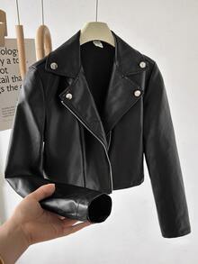 SHEIN 兒童青少年女孩秋冬純色PU長袖前開襟夾克休閒街頭風翻領PU拉鍊前短夾克，黑色秋冬 - 黑色 - 查看 3