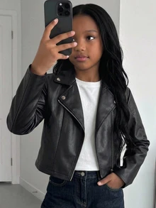 SHEIN 兒童青少年女孩秋冬純色PU長袖前開襟夾克休閒街頭風翻領PU拉鍊前短夾克，黑色秋冬 - 黑色 - 查看 11