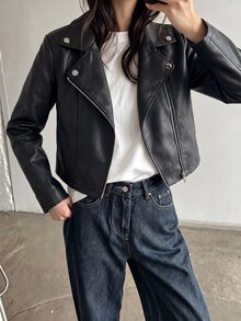 SHEIN 兒童青少年女孩秋冬純色PU長袖前開襟夾克休閒街頭風翻領PU拉鍊前短夾克，黑色秋冬 - 黑色 - 查看 13