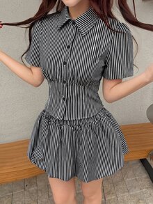 K-Vae 蓝色条纹泡泡袖衬衫+灯笼裙套装，甜美显瘦两件套，韩式休闲学院风，春夏穿搭，适合工作、约会、旅行、校园等场合。 - 彩色 - 查看 6
