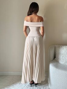 SHEIN ICON 1件裝返校舞會禮服 露肩純色百褶優雅洋裝 - 杏色 - 查看 4