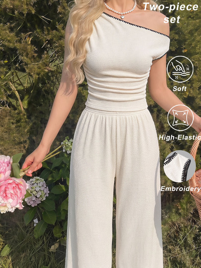 SHEIN MOD Set casual de zi cu 2 piese pentru femei, top colorblock cu umeri asimetrici și pantaloni lungi
