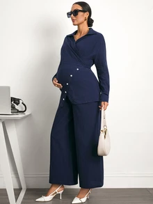 MaterniWear Maternity Solid Color Pleated Long Sleeve Top And Adjustable Waist Long Pants Casual Daily 2 Pieces Set - Navy Blue - View 7