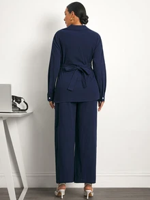MaterniWear Maternity Solid Color Pleated Long Sleeve Top And Adjustable Waist Long Pants Casual Daily 2 Pieces Set - Navy Blue - View 5