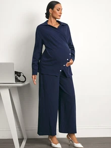 MaterniWear Maternity Solid Color Pleated Long Sleeve Top And Adjustable Waist Long Pants Casual Daily 2 Pieces Set - Navy Blue - View 6