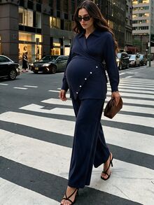 MaterniWear Maternity Solid Color Pleated Long Sleeve Top And Adjustable Waist Long Pants Casual Daily 2 Pieces Set - Navy Blue - View 3