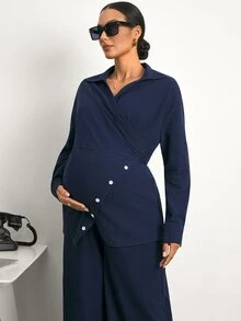 MaterniWear Maternity Solid Color Pleated Long Sleeve Top And Adjustable Waist Long Pants Casual Daily 2 Pieces Set - Navy Blue - View 9