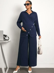 MaterniWear Maternity Solid Color Pleated Long Sleeve Top And Adjustable Waist Long Pants Casual Daily 2 Pieces Set - Navy Blue - View 8