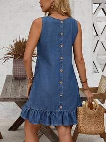 EMERY ROSE Button Back Ruffle Hem Denim Dress - Blue - View 10