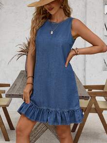EMERY ROSE Button Back Ruffle Hem Denim Dress - Blue - View 6