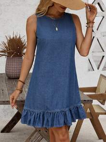EMERY ROSE Button Back Ruffle Hem Denim Dress - Blue - View 7