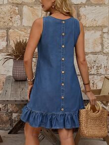 EMERY ROSE Button Back Ruffle Hem Denim Dress - Blue - View 5