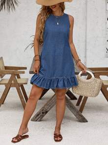 EMERY ROSE Button Back Ruffle Hem Denim Dress - Blue - View 8