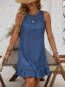 EMERY ROSE Button Back Ruffle Hem Denim Dress - Blue - View 9