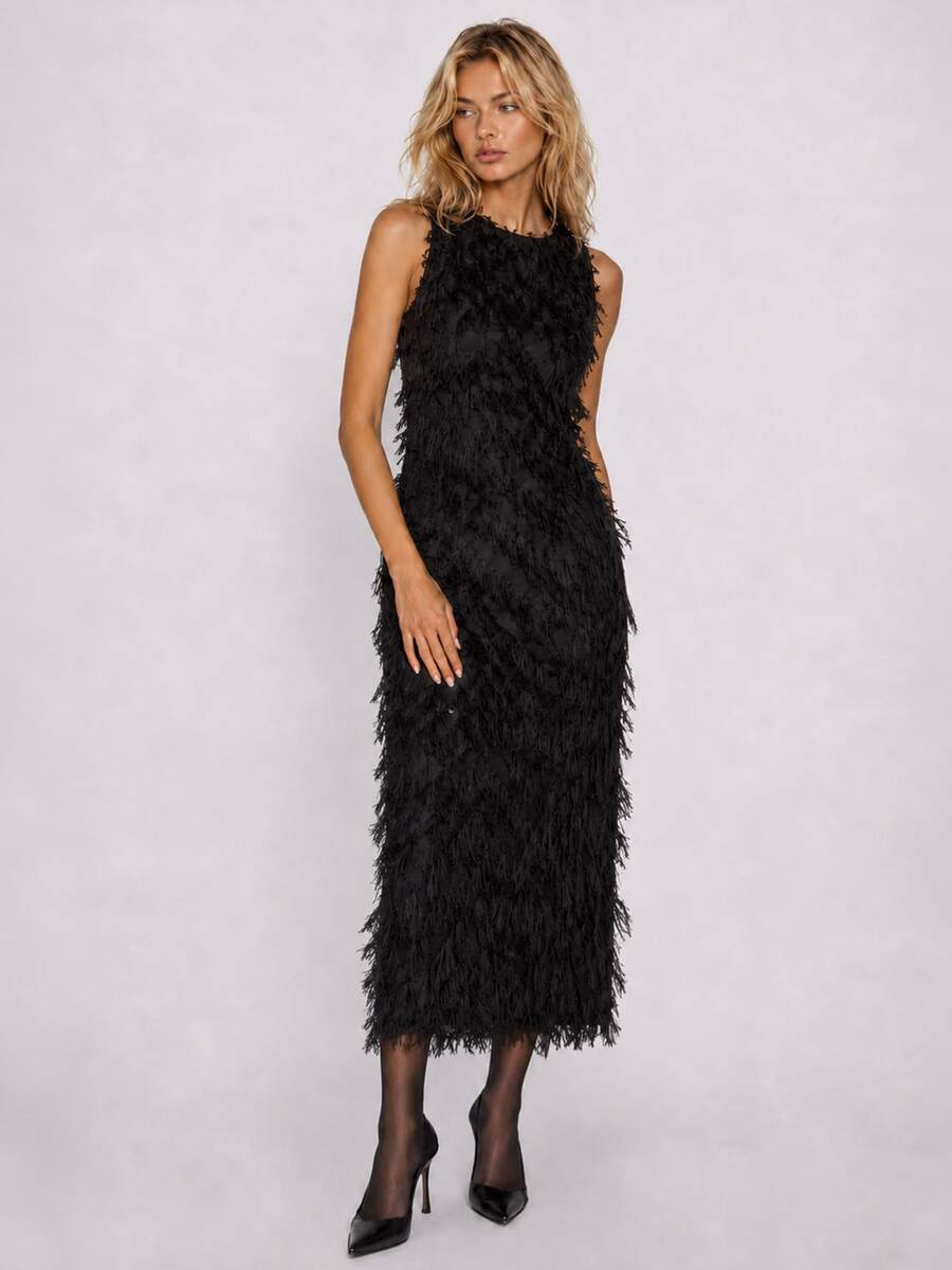 Zerodot Gaun Panjang Tanpa Lengan Hitam Wanita dengan Aplikasi Bulu Berlapis untuk Liburan, Pesta, Acara Musim Gugur/Pra-Musim Gugur - Hitam - View 1