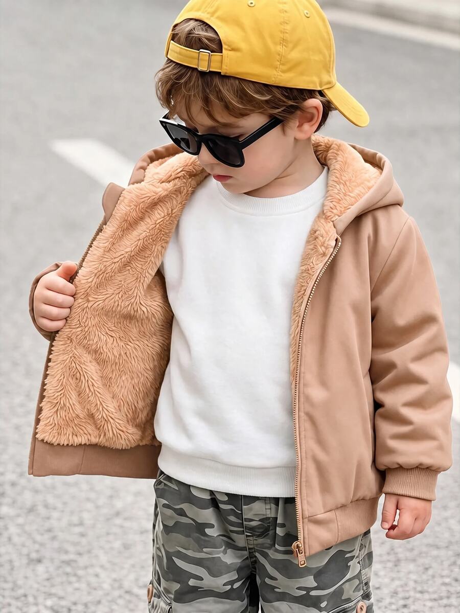 SHEIN 中性嬰兒男/女幼兒加厚抓絨休閒黑色連帽冬季外套,抓絨,加厚 - 彩色 - 查看 1