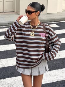 Muchica Women's Striped Colorblock Casual Versatile Daily Long Sleeve T-Shirt For Going Out, Streetwear, Y2K - Brown - View 4