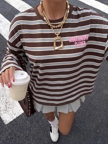 Muchica Women's Striped Colorblock Casual Versatile Daily Long Sleeve T-Shirt For Going Out, Streetwear, Y2K - Brown - View 6