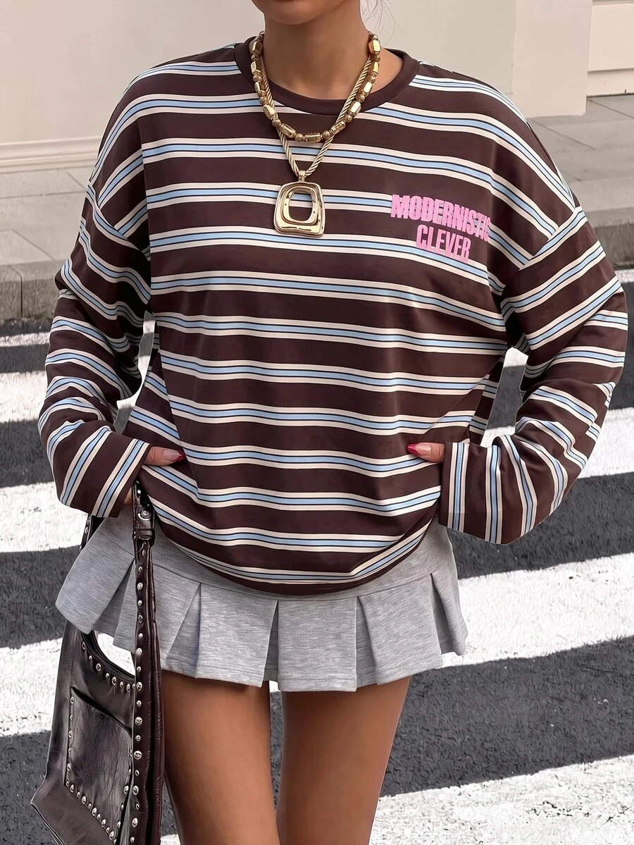 Muchica Women's Striped Colorblock Casual Versatile Daily Long Sleeve T-Shirt For Going Out, Streetwear, Y2K - Brown - View 1