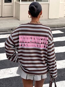 Muchica Women's Striped Colorblock Casual Versatile Daily Long Sleeve T-Shirt For Going Out, Streetwear, Y2K - Brown - View 2
