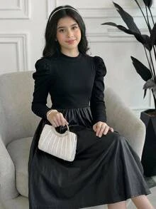SHEIN 兒童青少年女孩休閒羅紋寬鬆版型碎花PU秋季洋裝，新年、聖誕適用 - 黑色 - 查看 2