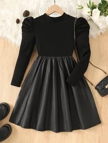 SHEIN 兒童青少年女孩休閒羅紋寬鬆版型碎花PU秋季洋裝，新年、聖誕適用 - 黑色 - 查看 6