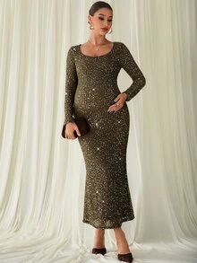 MaterniChic Maternity Sequin Elegant Long Sleeve Elegant Evening Dress - Green - View 7