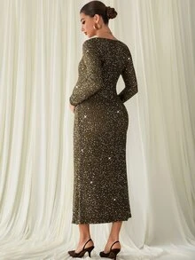 MaterniChic Maternity Sequin Elegant Long Sleeve Elegant Evening Dress - Green - View 8