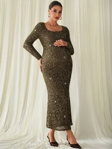MaterniChic Maternity Sequin Elegant Long Sleeve Elegant Evening Dress - Green - View 6
