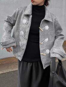 FRIFUL Women's Long Sleeve Horn Button Placket Casual Overcoat - Grey - View 3