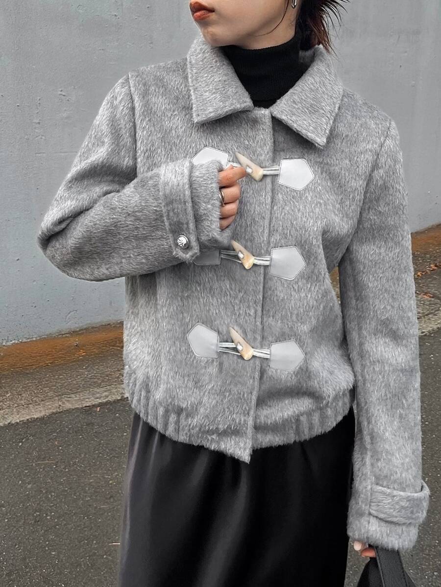 FRIFUL Women's Long Sleeve Horn Button Placket Casual Overcoat - Grey - View 1