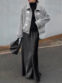 FRIFUL Women's Long Sleeve Horn Button Placket Casual Overcoat - Grey - View 2